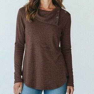 Michael Stars Top Women Med Brown Asymmetrical Neck Button Detail Waffle Knit